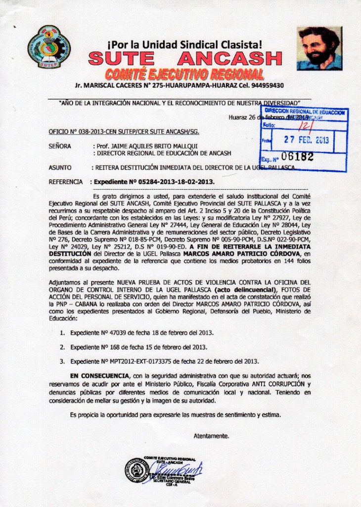 Sute Ancash Exige La Inmediata Destituci N Del Director Ugel Pallasca