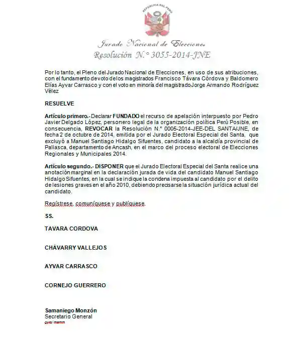 Fotografía de la resolución oficial del JNE que declara apto a Manuel Hidalgo en Pallasca.