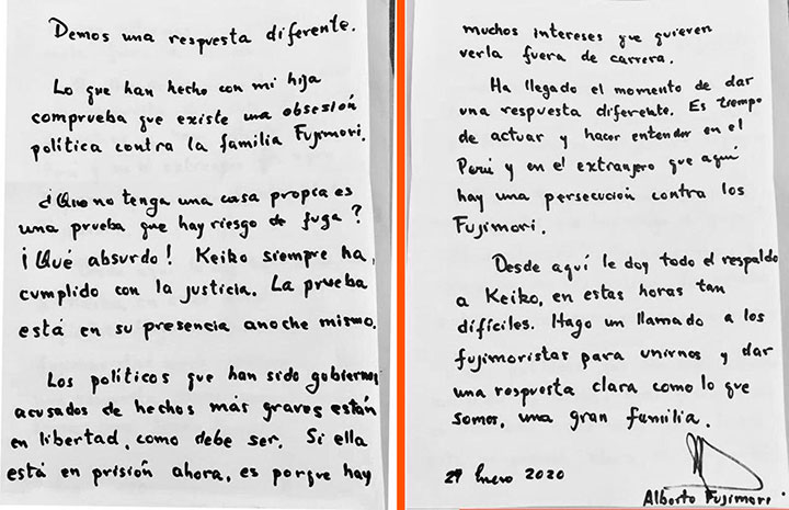 Alberto Fujimori, envió una carta un día después del encarcelamiento de su hija Keiko Fujimori.