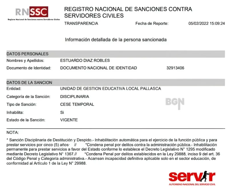 Documento oficial de SERVIR que confirma la sanción de 240 días contra Estuardo Díaz Robles, director de la UGEL Pallasca.