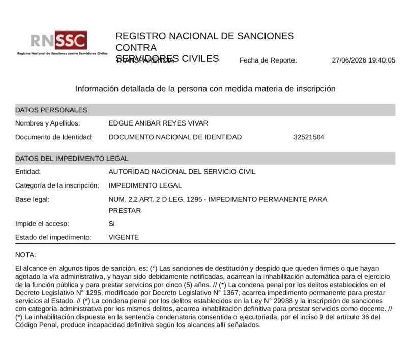 Registro de SERVIR que muestra la sanción de Edgue Aníbar Reyes Vivar con impedimento permanente para prestar servicios en el Estado.