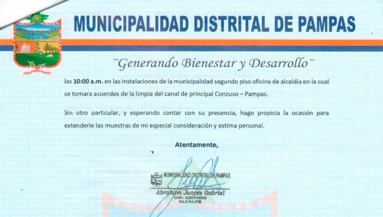 Alcalde de Pampas convoca a reunión de usuarios de agua
