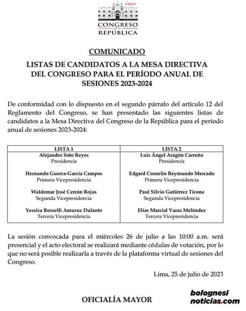 Comunicado del Congreso de la República sobre elección de Mesa Directiva