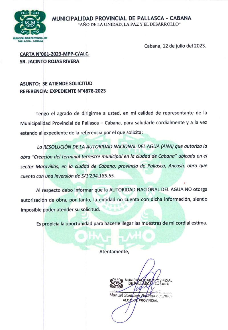 Oficio de la Municipalidad Provincial de Pallasca informando sobre actuación de la ANA