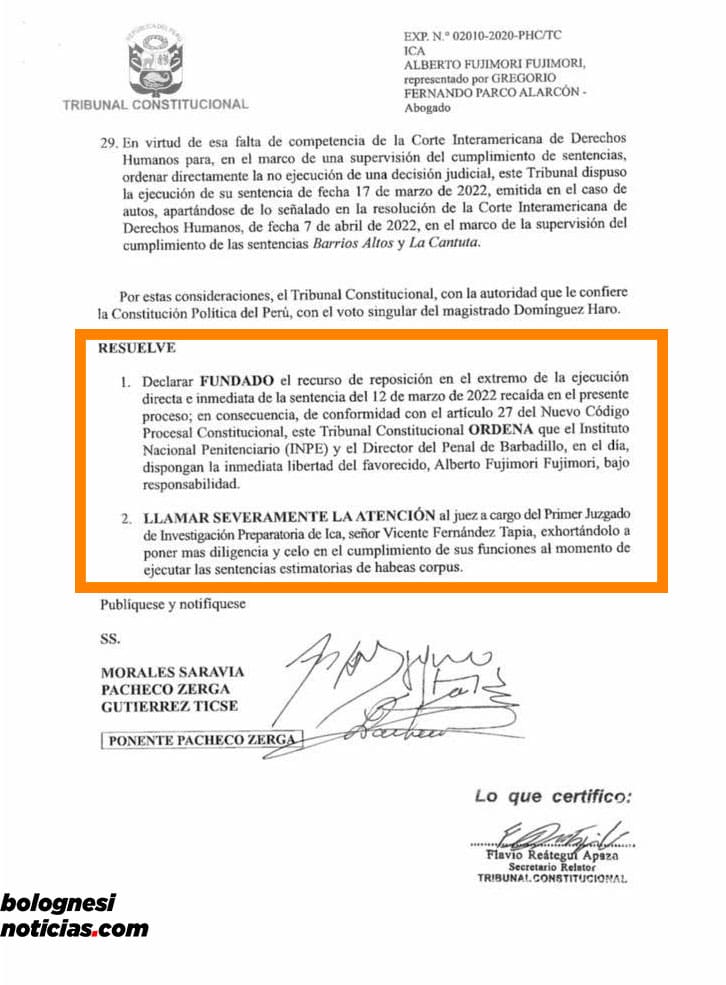 Resolución del TC que ordena la liberación de Alberto Fujimori.