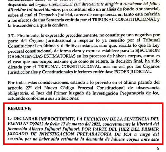 Juez declara improcedente solicitud de libertad de Fujimori.