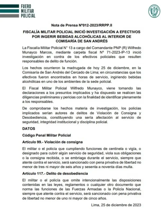 Comunicado oficial de la Policía Nacional del Perú sobre el caso de policías ebrios en la comisaría San Andrés de Lima.