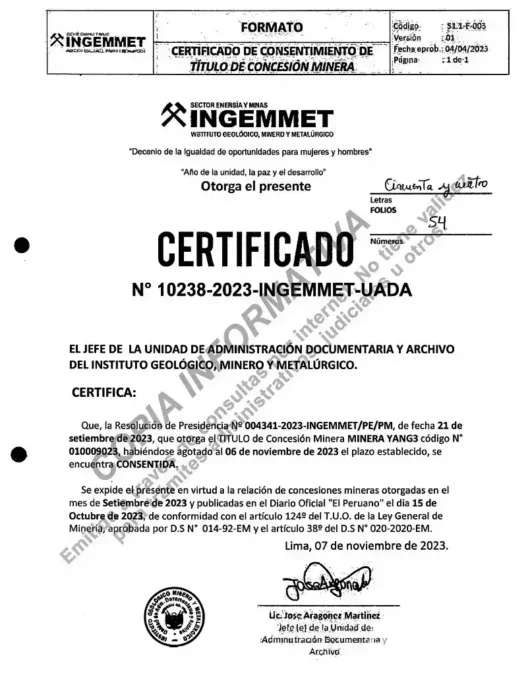 Certificado de concesión minera de Minera Yang3 otorgado por Ingemmet en Áncash