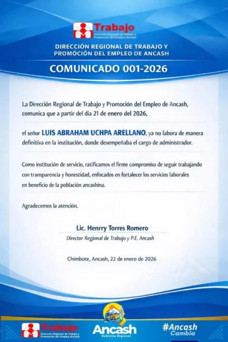 Comunicado oficial de la Diretra Áncash que anuncia el cese de funcionario sentenciado por colusión