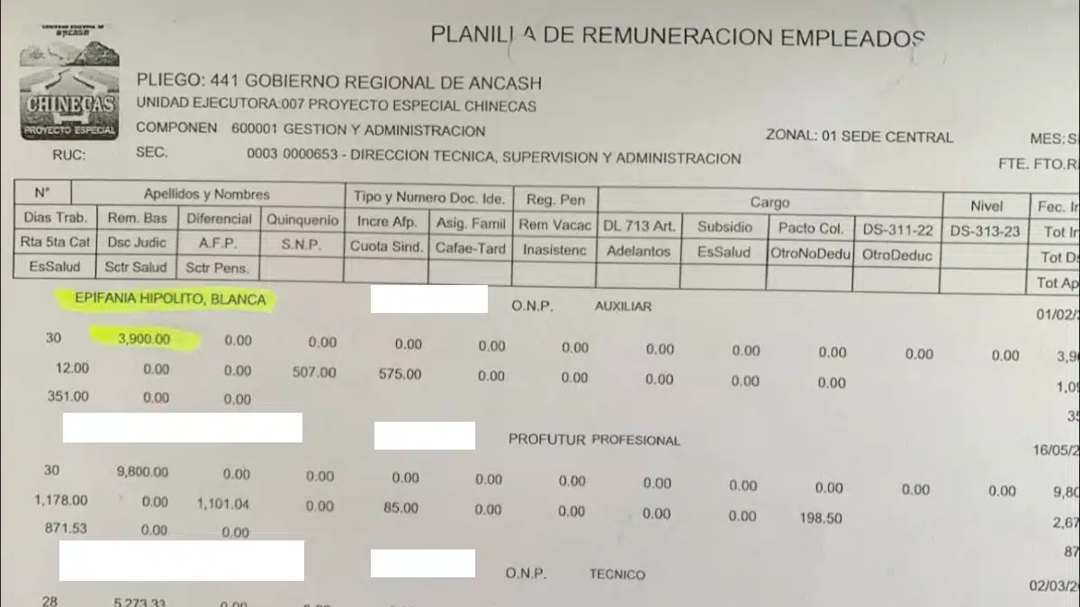 Copia de planilla del Proyecto Chinecas que muestra la reclasificación laboral de un familiar de la vicegobernadora de Áncash