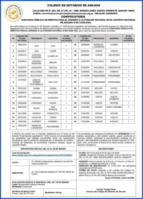 Comunicado del Colegio de Notarios de Áncash sobre el concurso notarial 2026