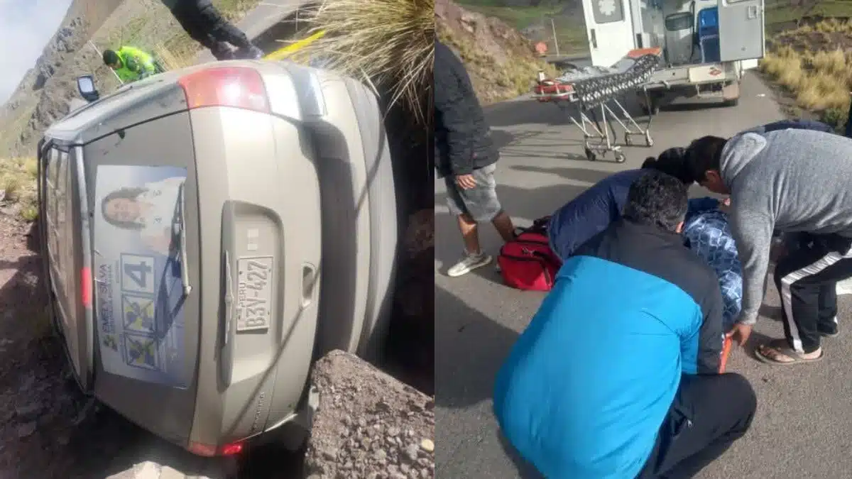Ambulancia del Ministerio de Salud realizando el levantamiento del cuerpo de Napoleón Becerra en la carretera de Rumichaca, Ayacucho.