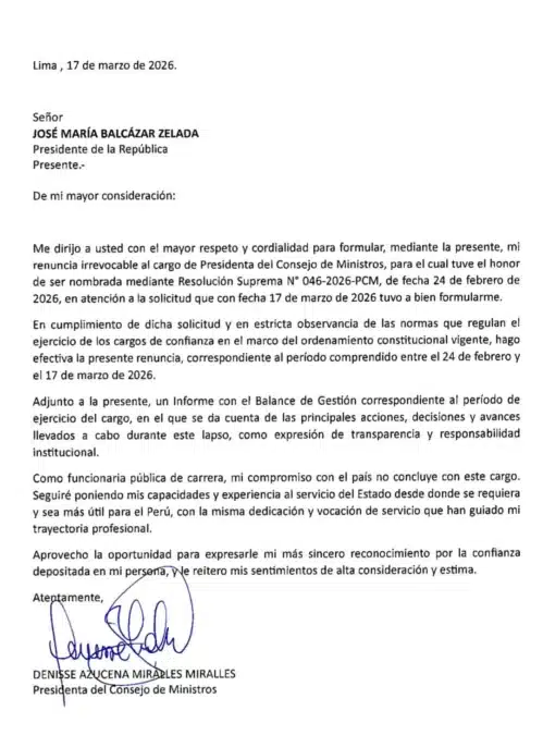 Fotografía de la carta oficial de renuncia irrevocable de Denisse Miralles al cargo de Presidenta del Consejo de Ministros (PCM).