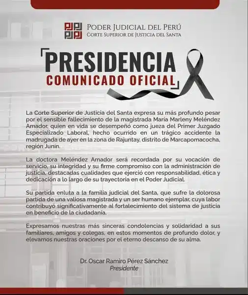 Comunicado del Poder Judicial lamenta la muerte de la jueza María Meléndez Amador de la Corte del Santa en Áncash