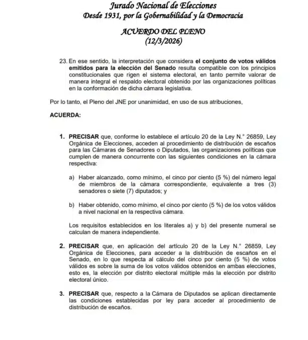 Fotografía de una página del acuerdo oficial del Pleno del JNE donde se establecen los requisitos de la valla electoral elecciones 2026 para el Senado y Diputados en Perú.