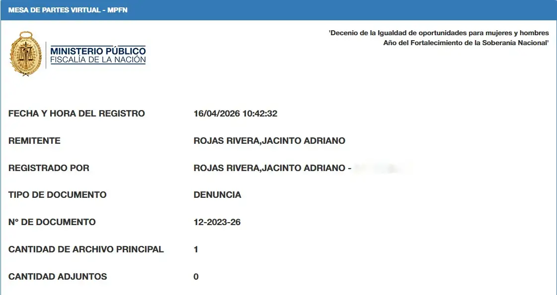 Cargo de denuncia por eliminan pruebas Fiscalía Áncash presentada por Jacinto Rojas ante la Fiscalía de la Nación