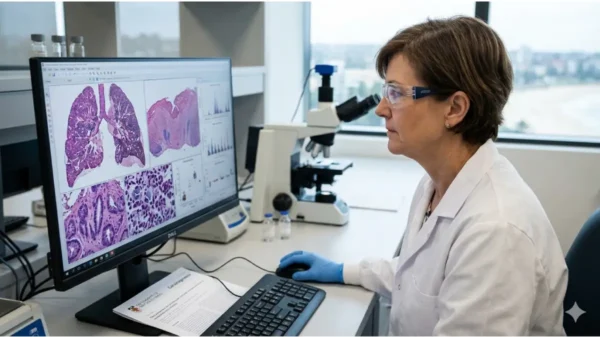 Científica en Australia analiza en un monitor células dañadas y tumores relacionados con los riesgos del vapeo con nicotina.