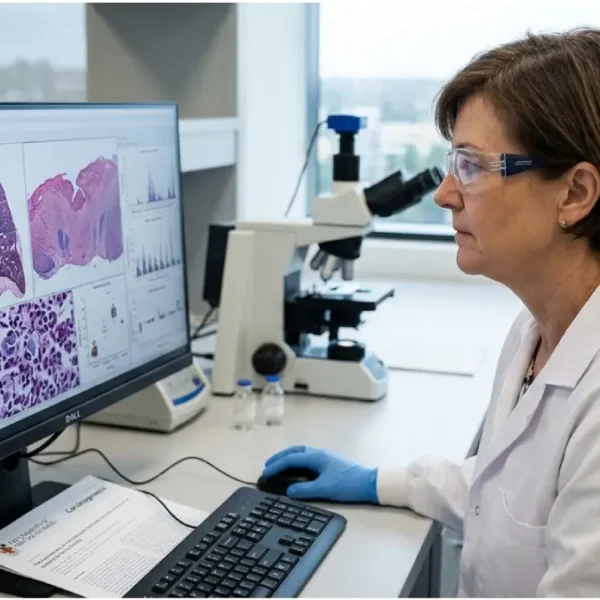 Científica en Australia analiza en un monitor células dañadas y tumores relacionados con los riesgos del vapeo con nicotina.