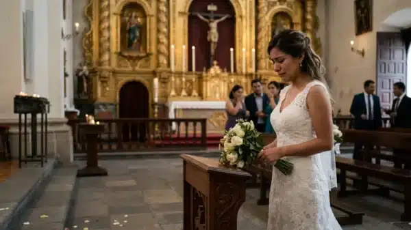 Novia llorando en altar de iglesia peruana tras desplante matrimonial y demanda de indemnización.