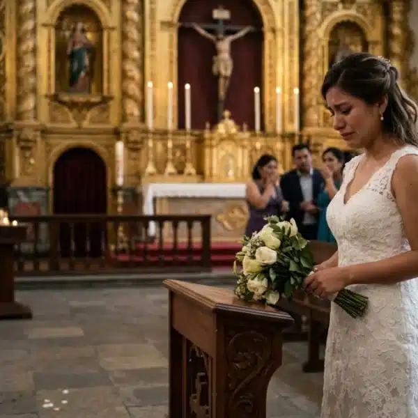 Novia llorando en altar de iglesia peruana tras desplante matrimonial y demanda de indemnización.