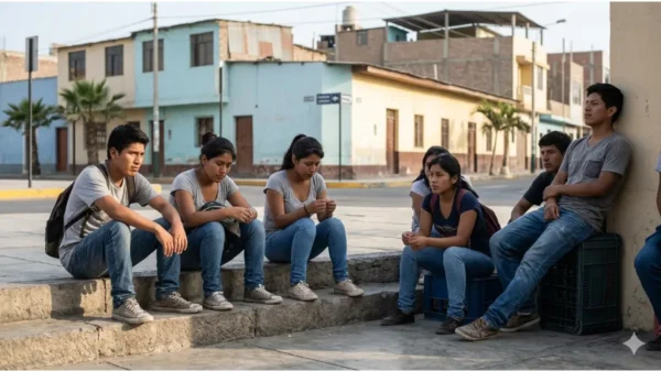Grupo de jóvenes ninis en Áncash sentados en una zona urbana de Chimbote representando la crisis de desempleo juvenil.