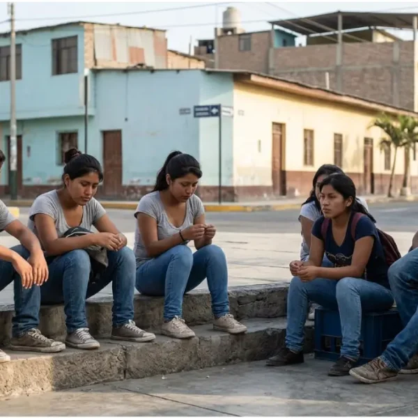 Grupo de jóvenes ninis en Áncash sentados en una zona urbana de Chimbote representando la crisis de desempleo juvenil.