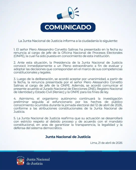 Comunicado de la Junta Nacional de Justicia sobre renuncia jefe ONPE de Piero Corvetto