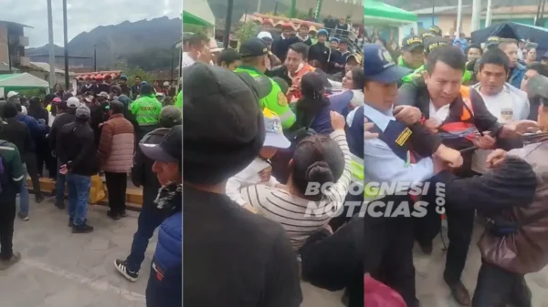 Alcalde de Pampas rodeado por pobladores durante protesta por obras y electrificación en Pallasca