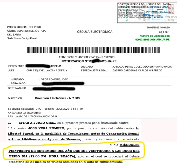 Cédula judicial confirma audiencia para juicio por abuso sexual programado en 2028 en Pallasca
