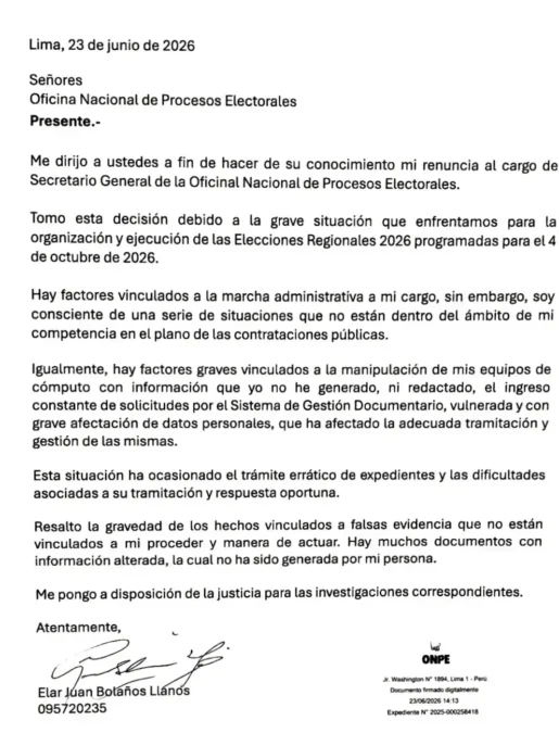 Carta de renuncia presentada por el secretario general de la ONPE, Elar Juan Bolaños Llanos, donde denuncia presuntas irregularidades y manipulación de equipos informáticos.