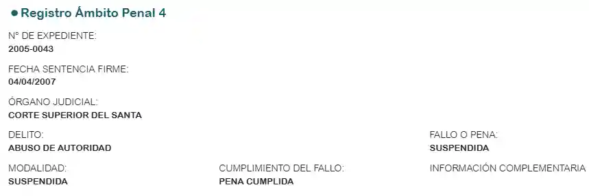 Extracto de la hoja de vida JNE con la sentencia por abuso de autoridad de Manuel Hidalgo Sifuentes, candidato en Pallasca