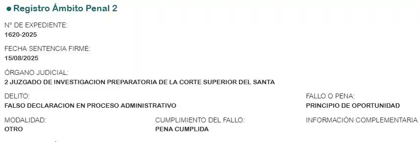 Extracto de la hoja de vida JNE con la sentencia por falsa declaración de Manuel Hidalgo Sifuentes, candidato en Pallasca