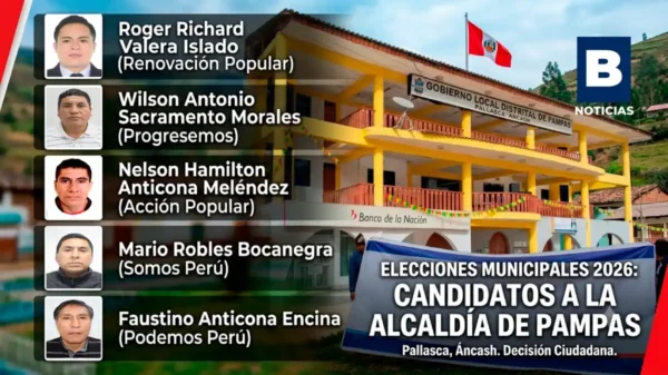 Infografía de los cinco candidatos a la alcaldía de Pampas, Pallasca para las elecciones 2026. Muestra fotos de los candidatos y la municipalidad.