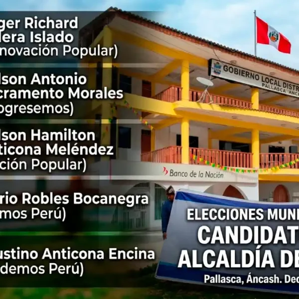 Infografía de los cinco candidatos a la alcaldía de Pampas, Pallasca para las elecciones 2026. Muestra fotos de los candidatos y la municipalidad.