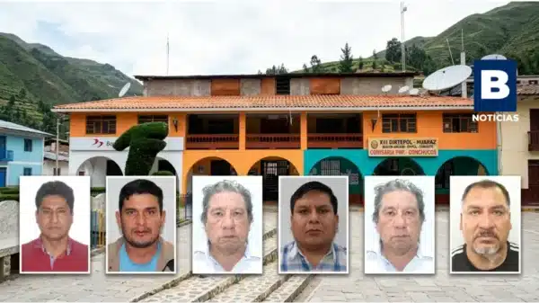 Fotocomposición de los seis candidatos a la alcaldía en las elecciones en Conchucos 2026 junto al local de la Municipalidad Distrital de Conchucos.