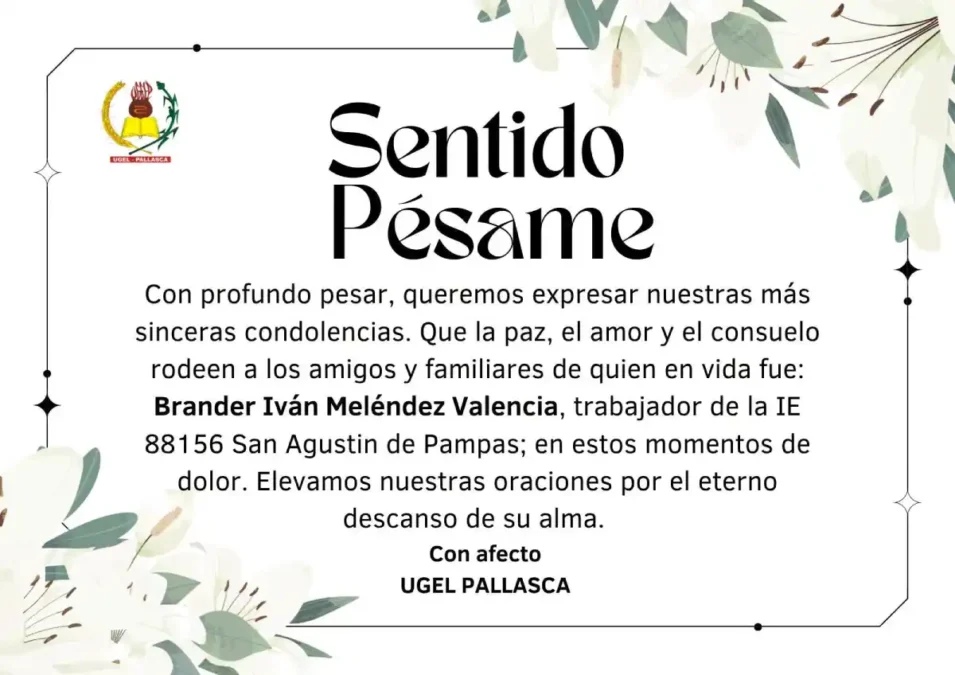 Tarjeta de condolencias de la UGEL Pallasca por el fallecimiento del profesor Brander Iván Meléndez Valencia tras un accidente en moto en Pampas.