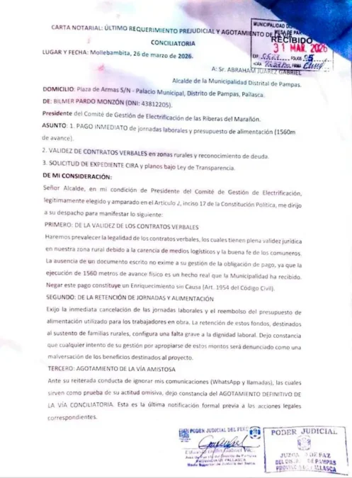 Copia de la carta notarial recibida con sello de la Municipalidad Distrital de Pampas denunciando que el alcalde de Pampas no paga.
