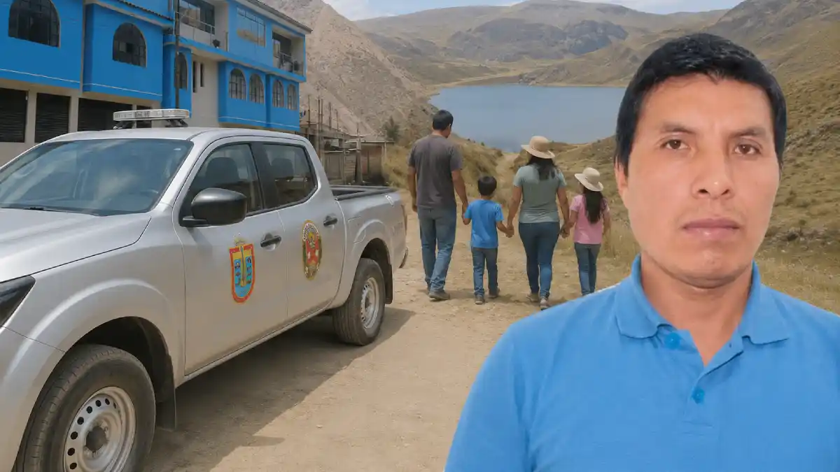 Alcalde de Cotaparaco Peter Carranza junto a camioneta de serenazgo y sede municipal de Áncash