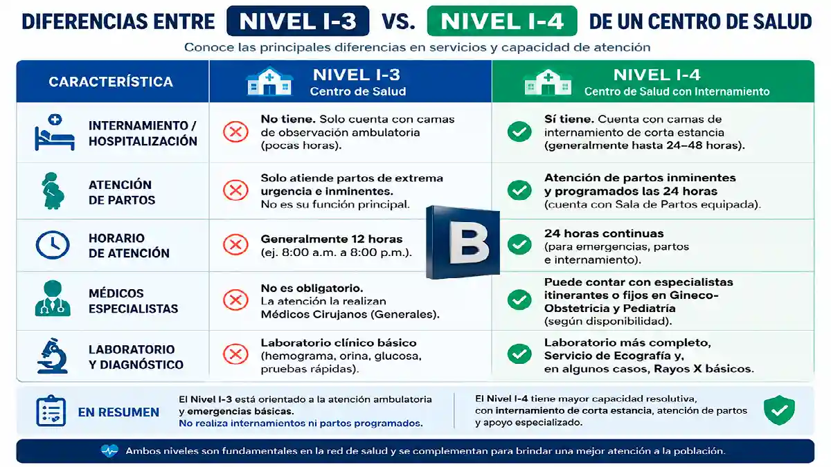 Tabla comparativa con las diferencias de atención médica entre un centro de salud categoría I-3 y categoría I-4.
