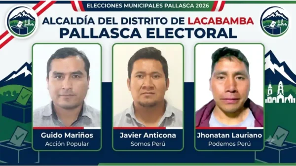 Encuesta Lacabamba 2026 con los candidatos Guido Mariños, Javier Anticona y Jhonatan Lauriano a la Alcaldía Distrital.