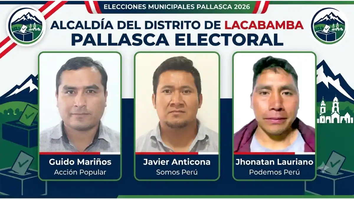Encuesta Lacabamba 2026 con los candidatos Guido Mariños, Javier Anticona y Jhonatan Lauriano a la Alcaldía Distrital.