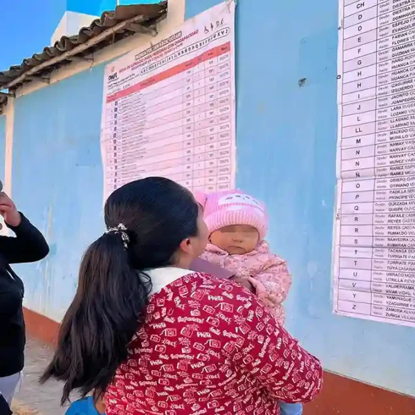 Ciudadanos revisan las listas y mesas de sufragio en Pallasca pegadas en la pared