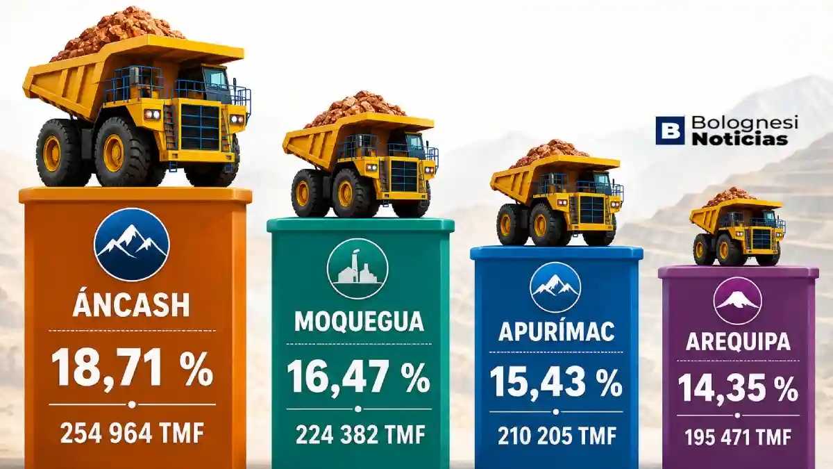 Gráfico del ranking regional en la producción de cobre en Perú con Áncash en primer lugar.