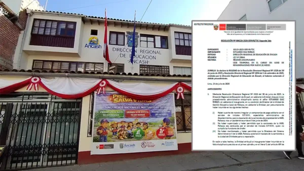 Sede de la DRE Áncash junto a la resolución de Servir que anuló la sanción impuesta al exdirector de la UGEL Pallasca.