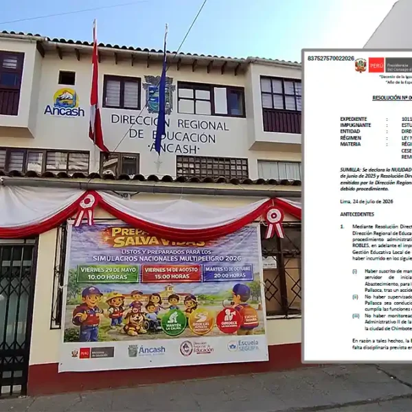 Sede de la DRE Áncash junto a la resolución de Servir que anuló la sanción impuesta al exdirector de la UGEL Pallasca.