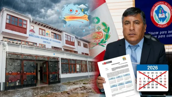 Director regional de Educación de Áncash sosteniendo documento oficial sobre el adelanto del cierre del año escolar 2026 frente al edificio institucional de la DRE Áncash.
