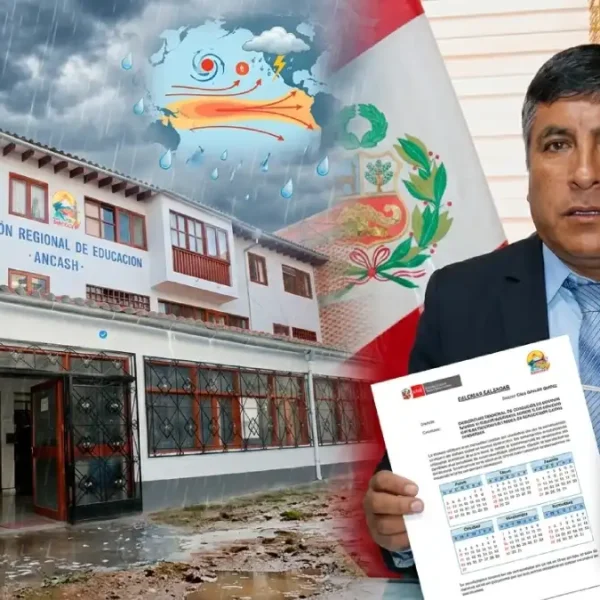 Director regional de Educación de Áncash sosteniendo documento oficial sobre el adelanto del cierre del año escolar 2026 frente al edificio institucional de la DRE Áncash.