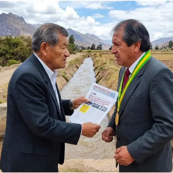 El dirigente Bernabé Acosta y el alcalde Manuel Hidalgo frente a frente en el canal Virgen del Buen Viaje en Pallasca.