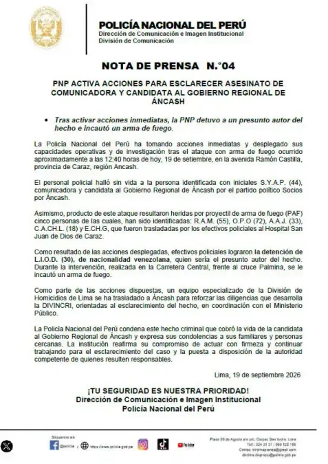 Comunicado oficial de la PNP sobre la detención del sospechoso por el asesinato de La China Polo en Áncash.