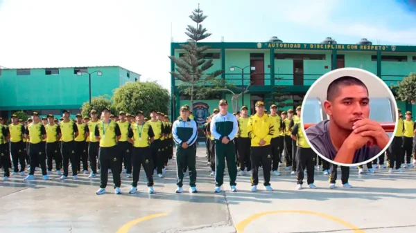 Composición con alumnos de la PNP y en un círculo el rostro del estudiante agresor sancionado en Chimbote.